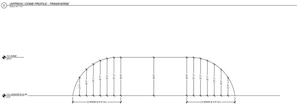Transverse dome profile drawing with cable heights dimensioned from 13 feet 4 inches to 28 feet