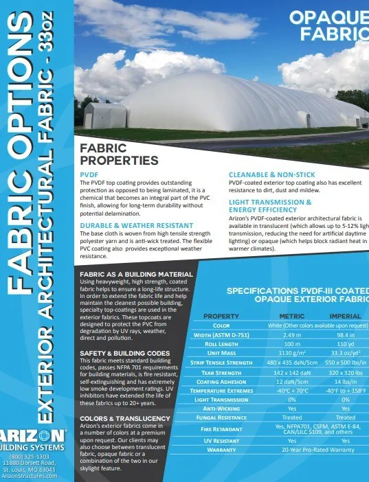 Arizon fabric options data sheet for PVDF-III coated opaque exterior architectural fabric at 33 oz